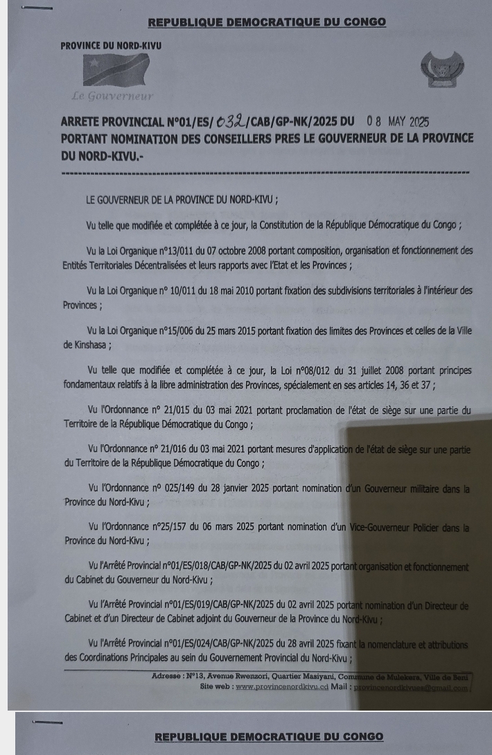 Nord-Kivu : le conseiller nommé Rubera Joseph décline sa nomination par le Gouverneur Somo Kakule