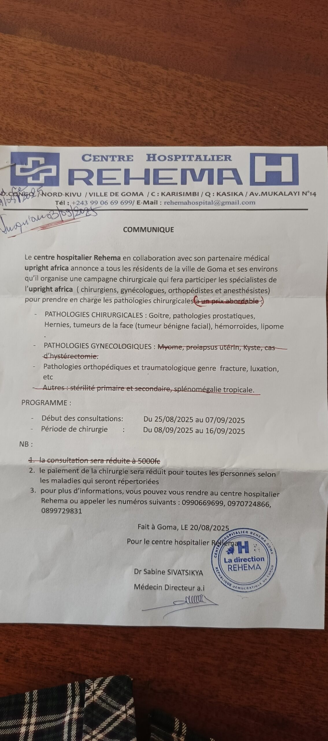 Goma : Une grande campagne chirurgicale annoncée au Centre Hospitalier Rehema