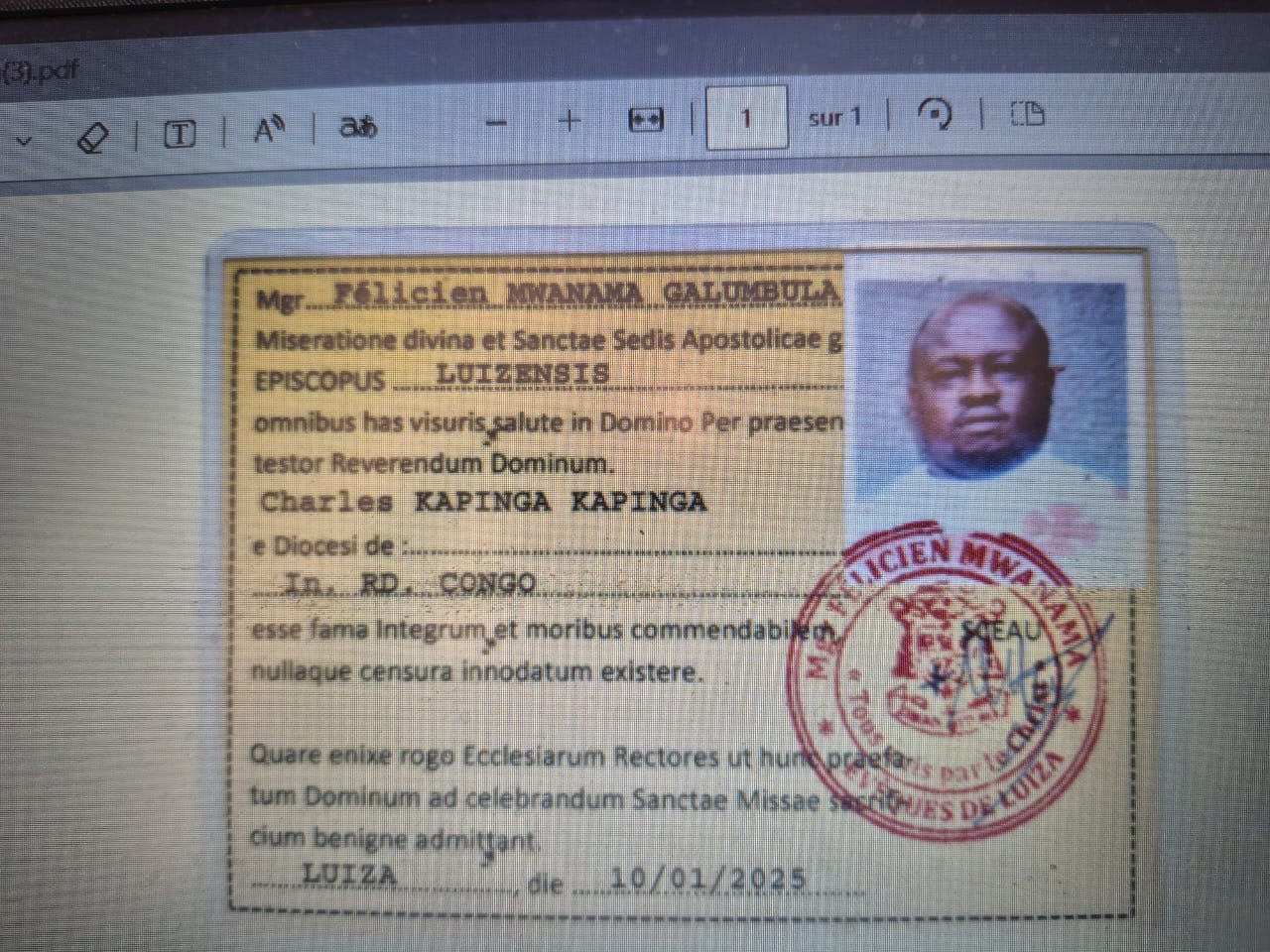 RDC : Le diocèse de Luiza dénonce un faux prêtre utilisant un “celebret” falsifié