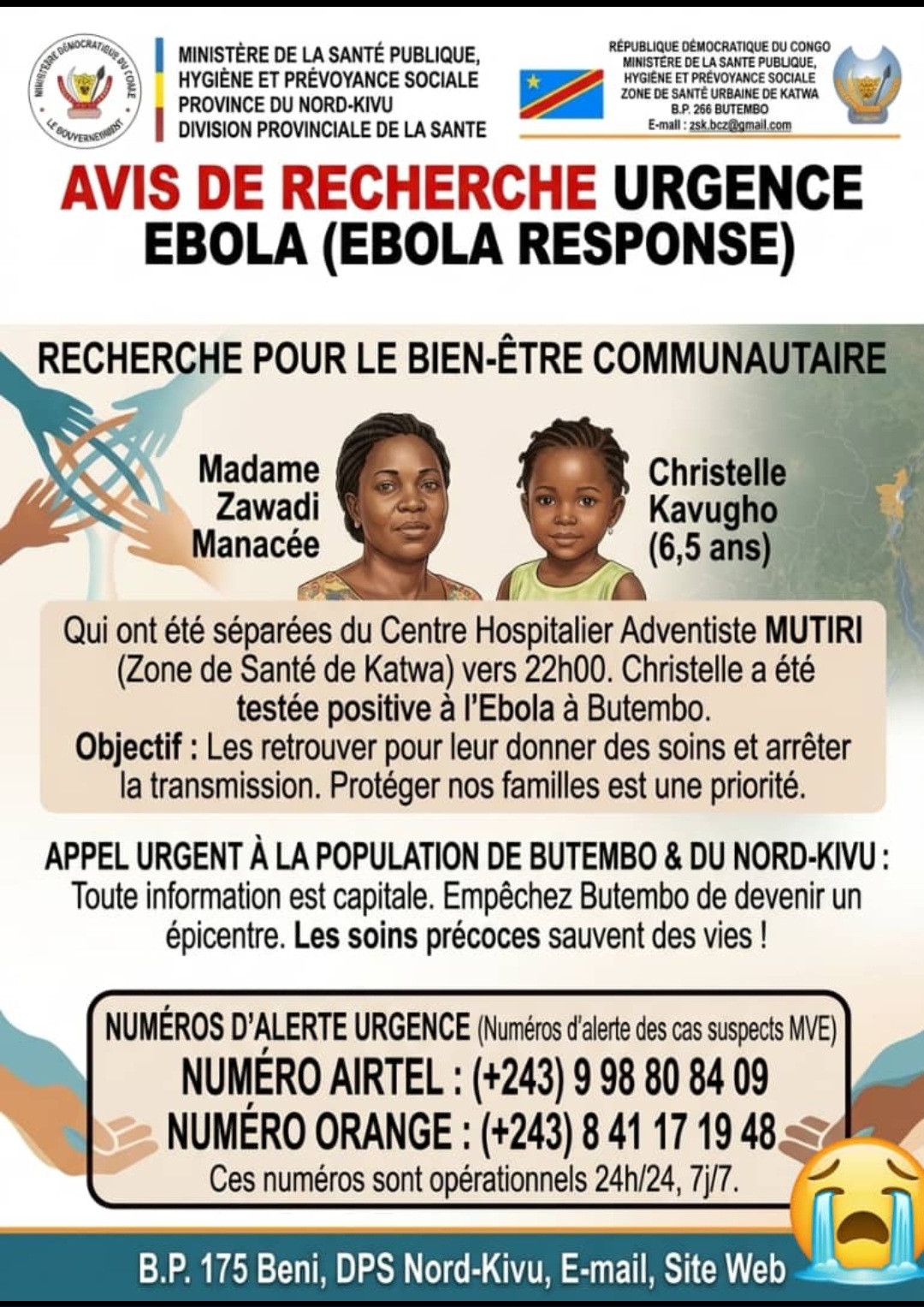 Nord-Kivu : Une fillette testée positive à Ebola portée disparue après son enlèvement dans un hôpital, une situation sans précédent
