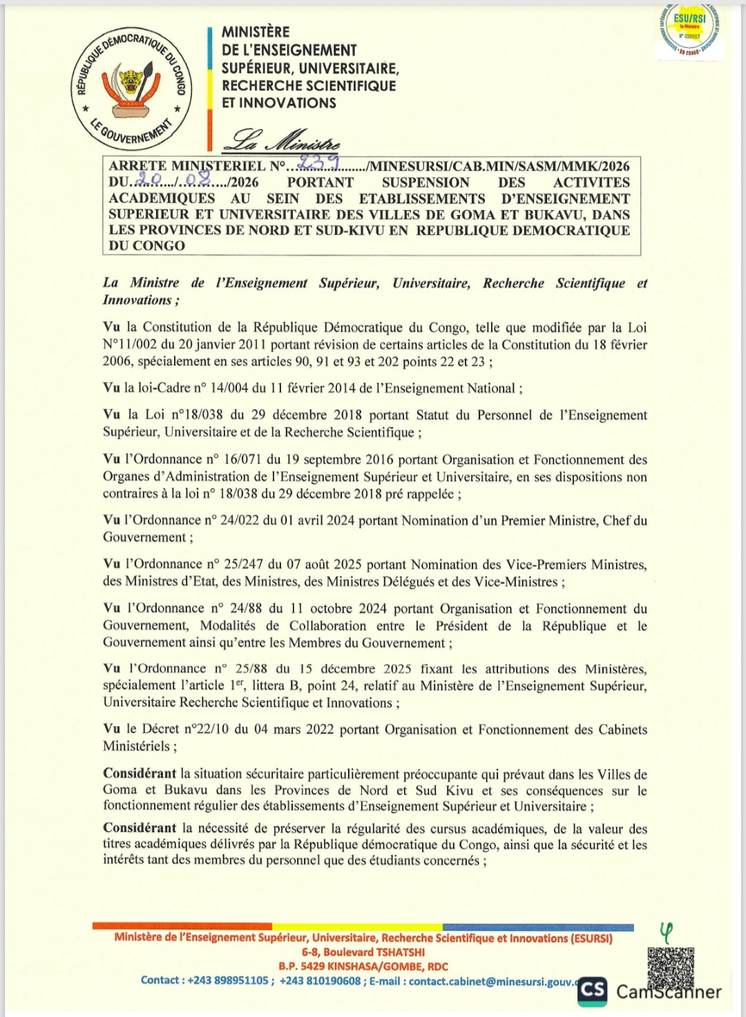 RDC/Est: Suspension des activités académiques au Nord et Sud-Kivu : préserver le droit à l’éducation et la continuité scientifique face à la crise sécuritaire
