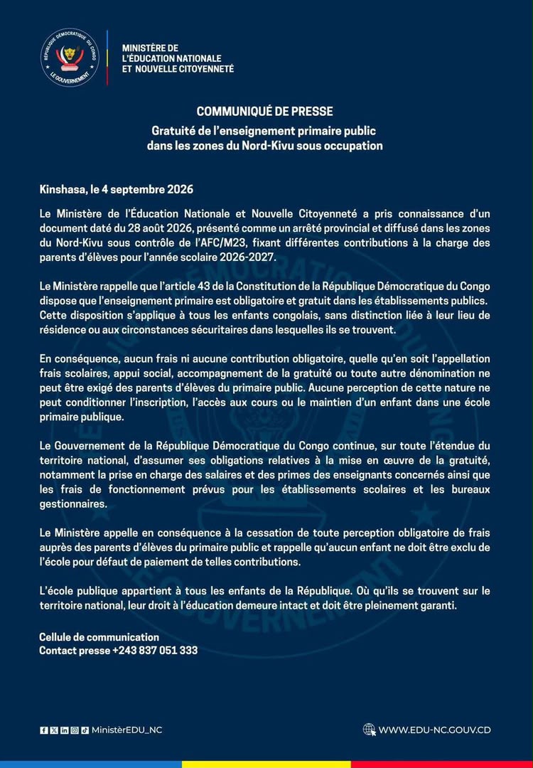 Nord-Kivu : Le ministère de l’Éducation réaffirme la gratuité de l’enseignement primaire public dans les zones sous occupation