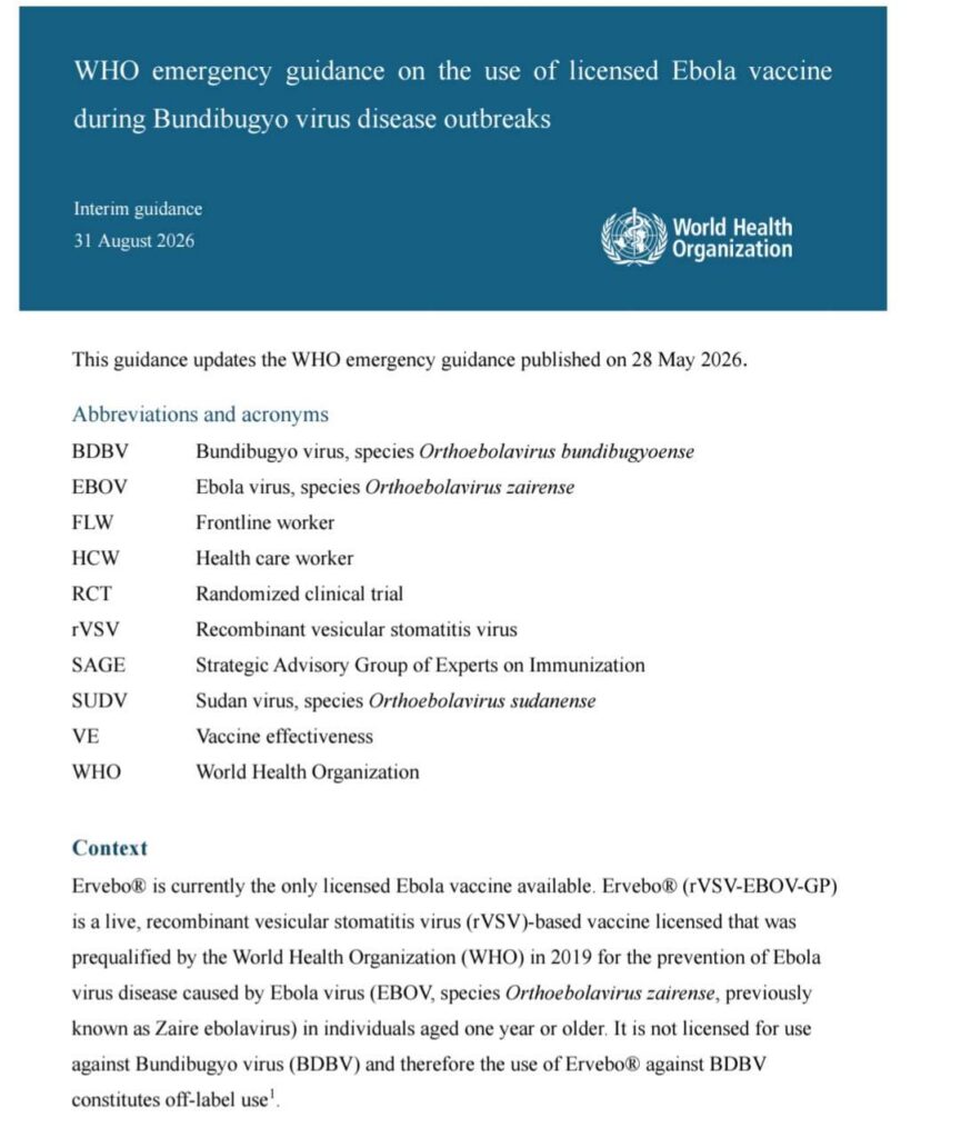 Maladie à virus Bundibugyo : L’OMS déconseille l’utilisation systématique du vaccin Ervebo en dehors de la recherche